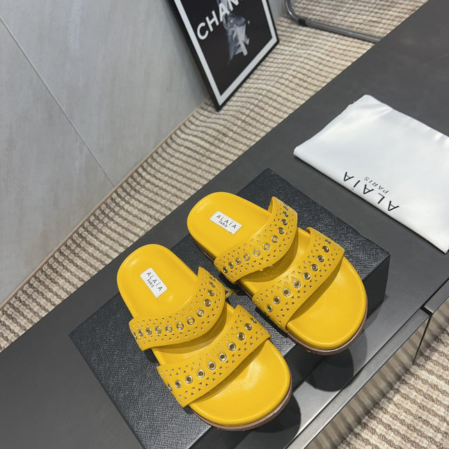 ALAIA DOUBLE-STRAP SANDALS 25S IN YELLOW CALFSKIN