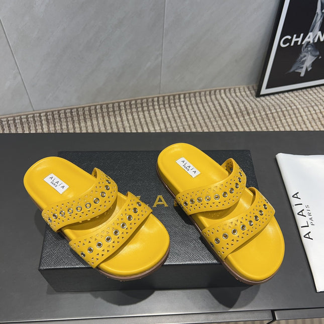 ALAIA DOUBLE-STRAP SANDALS 25S IN YELLOW CALFSKIN