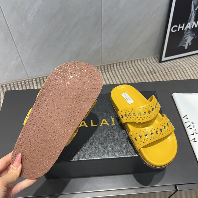 ALAIA DOUBLE-STRAP SANDALS 25S IN YELLOW CALFSKIN