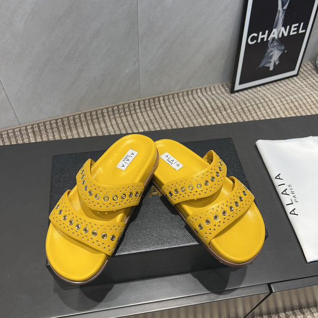 ALAIA DOUBLE-STRAP SANDALS 25S IN YELLOW CALFSKIN