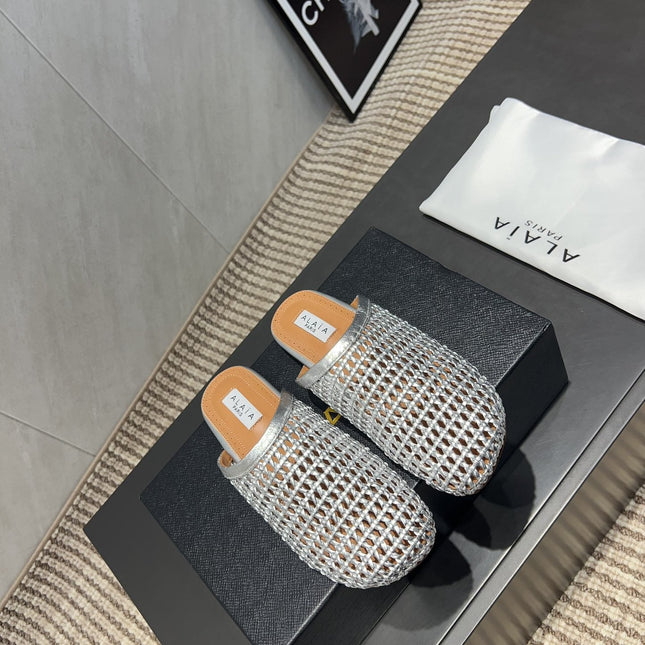 ALAIA WOVEN FLAT SHOES IN SILVER CALFSKIN STYLE 1