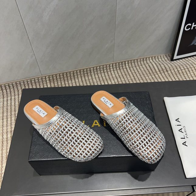 ALAIA WOVEN FLAT SHOES IN SILVER CALFSKIN STYLE 1