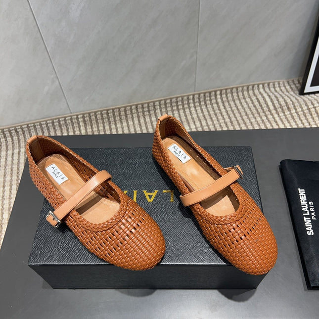 ALAIA MARY JANE FLATS WOVEN PATTERN 25S IN BURNT ORANGE CALFSKIN