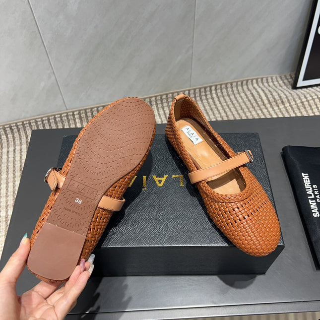 ALAIA MARY JANE FLATS WOVEN PATTERN 25S IN BURNT ORANGE CALFSKIN