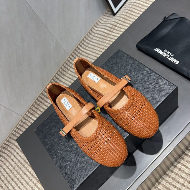 ALAIA MARY JANE FLATS WOVEN PATTERN 25S IN BURNT ORANGE CALFSKIN