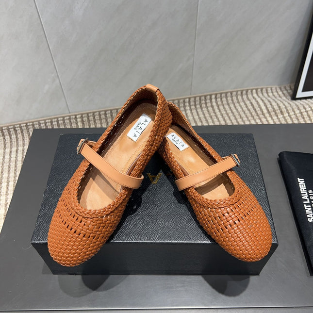 ALAIA MARY JANE FLATS WOVEN PATTERN 25S IN BURNT ORANGE CALFSKIN