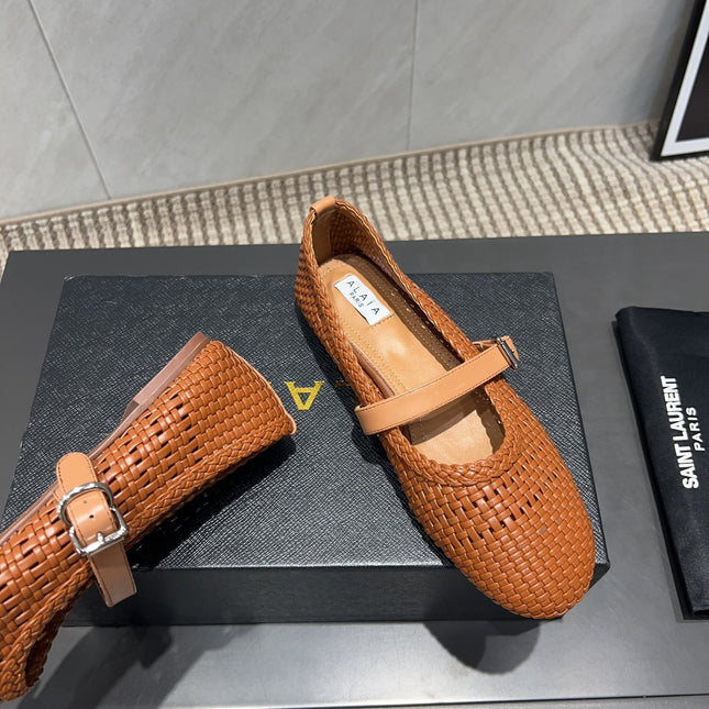 ALAIA MARY JANE FLATS WOVEN PATTERN 25S IN BURNT ORANGE CALFSKIN