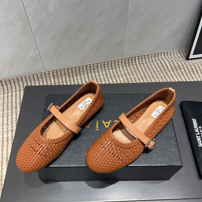 ALAIA MARY JANE FLATS WOVEN PATTERN 25S IN BURNT ORANGE CALFSKIN