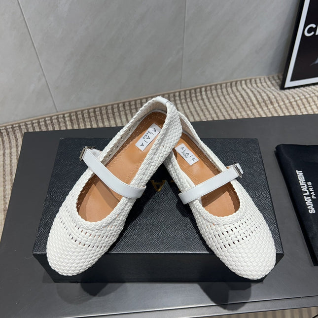 ALAIA MARY JANE FLATS WOVEN PATTERN 25S IN WHITE CALFSKIN