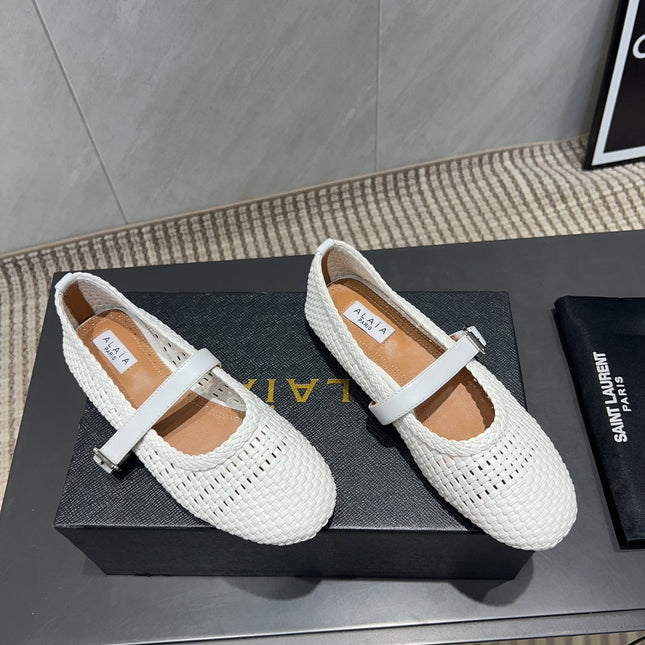 ALAIA MARY JANE FLATS WOVEN PATTERN 25S IN WHITE CALFSKIN