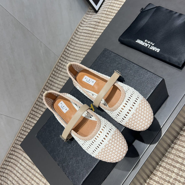 ALAIA MARY JANE FLATS WOVEN PATTERN 25S IN WHITE MIX LIGHT BEIGE CALFSKIN