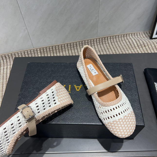 ALAIA MARY JANE FLATS WOVEN PATTERN 25S IN WHITE MIX LIGHT BEIGE CALFSKIN
