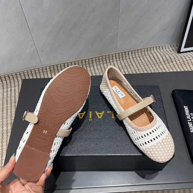 ALAIA MARY JANE FLATS WOVEN PATTERN 25S IN WHITE MIX LIGHT BEIGE CALFSKIN