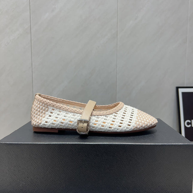 ALAIA MARY JANE FLATS WOVEN PATTERN 25S IN WHITE MIX LIGHT BEIGE CALFSKIN