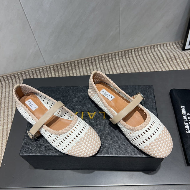 ALAIA MARY JANE FLATS WOVEN PATTERN 25S IN WHITE MIX LIGHT BEIGE CALFSKIN