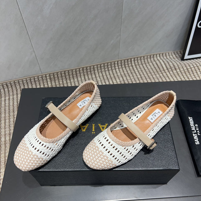ALAIA MARY JANE FLATS WOVEN PATTERN 25S IN WHITE MIX LIGHT BEIGE CALFSKIN