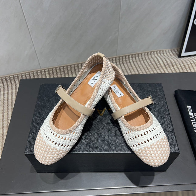 ALAIA MARY JANE FLATS WOVEN PATTERN 25S IN WHITE MIX LIGHT BEIGE CALFSKIN