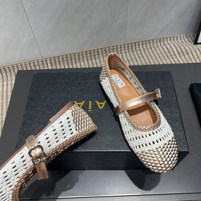 ALAIA MARY JANE FLATS WOVEN PATTERN 25S IN WHITE MIX CARAMEL BROWN CALFSKIN