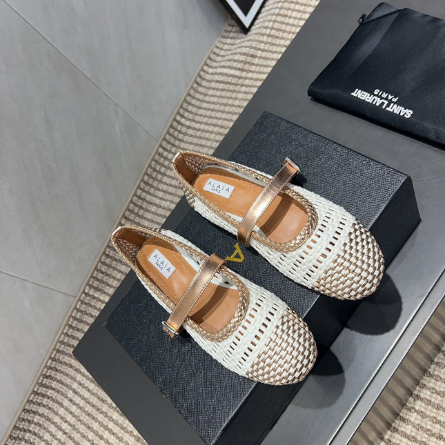 ALAIA MARY JANE FLATS WOVEN PATTERN 25S IN WHITE MIX CARAMEL BROWN CALFSKIN