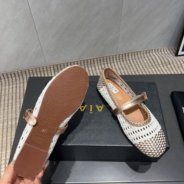 ALAIA MARY JANE FLATS WOVEN PATTERN 25S IN WHITE MIX CARAMEL BROWN CALFSKIN
