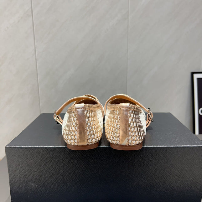 ALAIA MARY JANE FLATS WOVEN PATTERN 25S IN WHITE MIX CARAMEL BROWN CALFSKIN