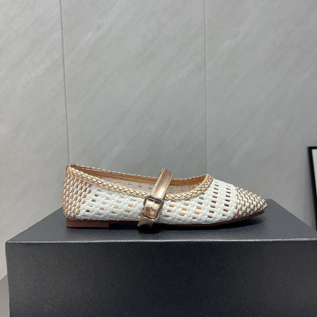ALAIA MARY JANE FLATS WOVEN PATTERN 25S IN WHITE MIX CARAMEL BROWN CALFSKIN
