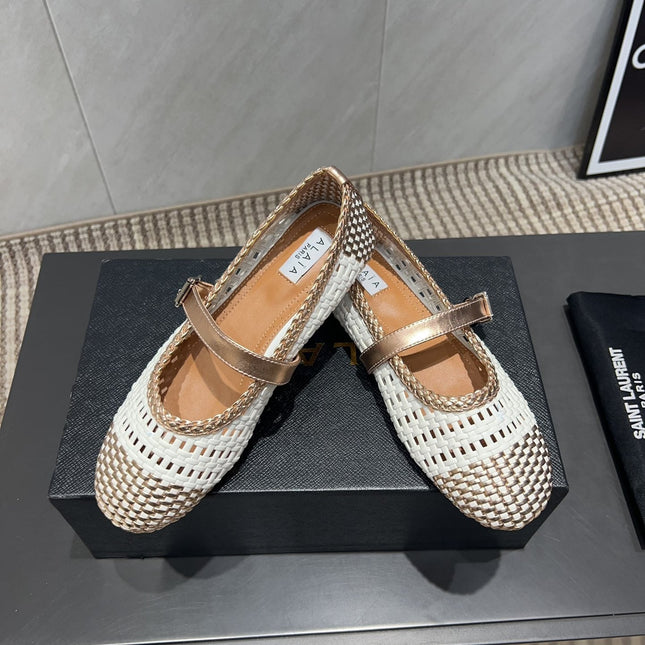ALAIA MARY JANE FLATS WOVEN PATTERN 25S IN WHITE MIX CARAMEL BROWN CALFSKIN