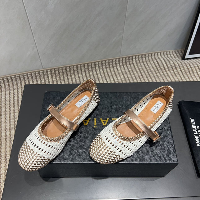 ALAIA MARY JANE FLATS WOVEN PATTERN 25S IN WHITE MIX CARAMEL BROWN CALFSKIN