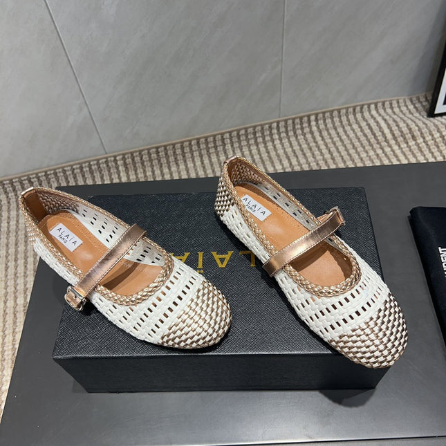 ALAIA MARY JANE FLATS WOVEN PATTERN 25S IN WHITE MIX CARAMEL BROWN CALFSKIN