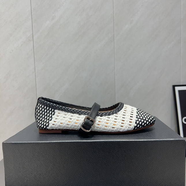 ALAIA MARY JANE FLATS WOVEN PATTERN 25S IN WHITE MIX BLACK CALFSKIN