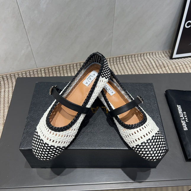 ALAIA MARY JANE FLATS WOVEN PATTERN 25S IN WHITE MIX BLACK CALFSKIN