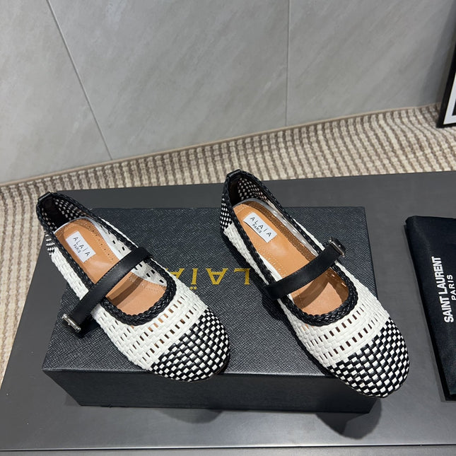 ALAIA MARY JANE FLATS WOVEN PATTERN 25S IN WHITE MIX BLACK CALFSKIN