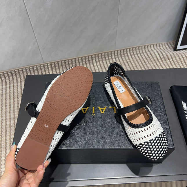 ALAIA MARY JANE FLATS WOVEN PATTERN 25S IN WHITE MIX BLACK CALFSKIN