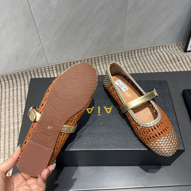 ALAIA MARY JANE FLATS WOVEN PATTERN 25S IN BROWN CALFSKIN
