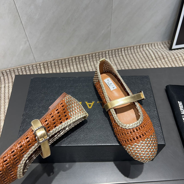 ALAIA MARY JANE FLATS WOVEN PATTERN 25S IN BROWN CALFSKIN