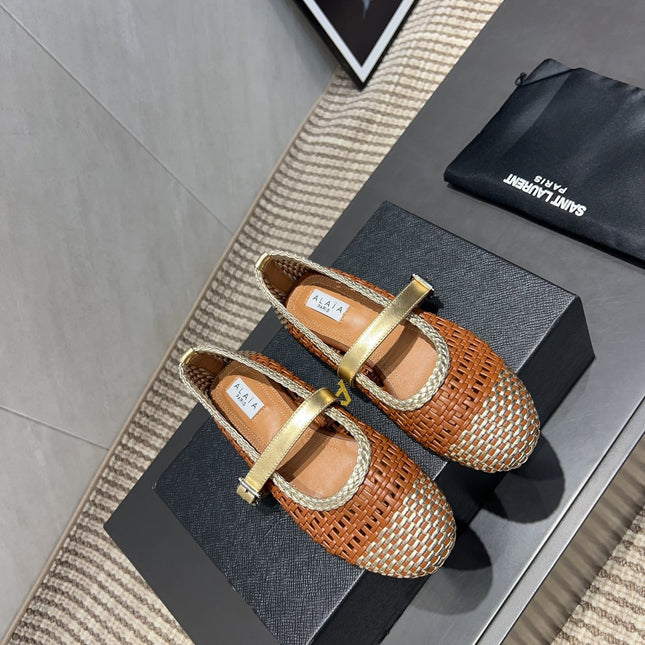 ALAIA MARY JANE FLATS WOVEN PATTERN 25S IN BROWN CALFSKIN