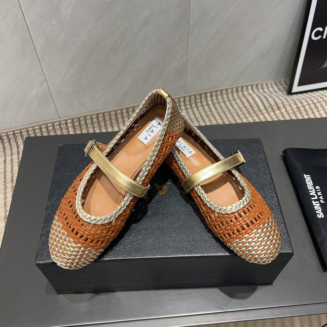 ALAIA MARY JANE FLATS WOVEN PATTERN 25S IN BROWN CALFSKIN
