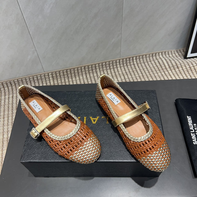 ALAIA MARY JANE FLATS WOVEN PATTERN 25S IN BROWN CALFSKIN