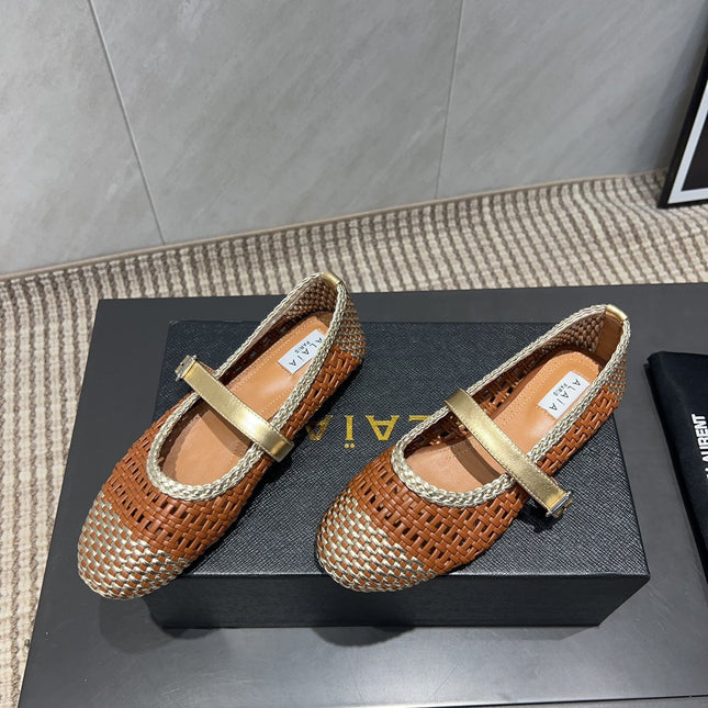 ALAIA MARY JANE FLATS WOVEN PATTERN 25S IN BROWN CALFSKIN