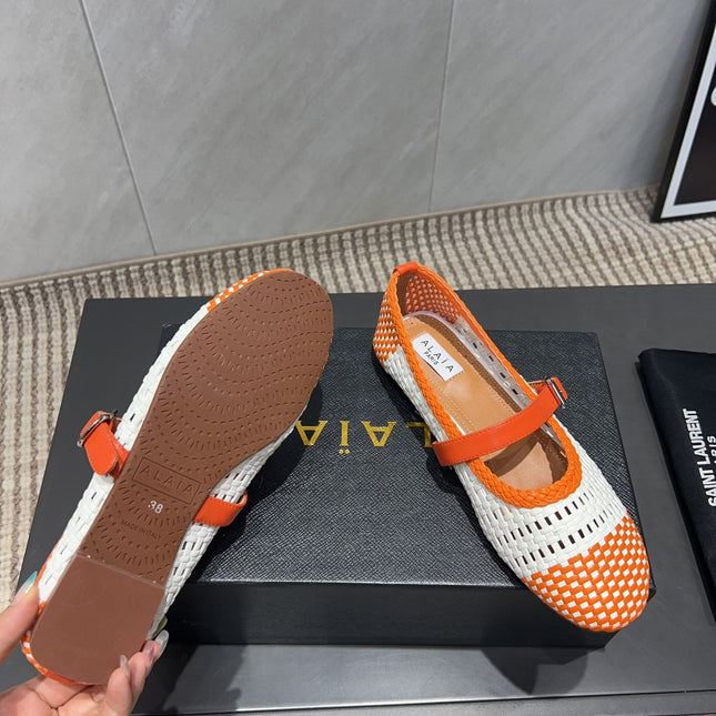ALAIA MARY JANE FLATS WOVEN PATTERN 25S IN WHITE MIX ORANGE CALFSKIN