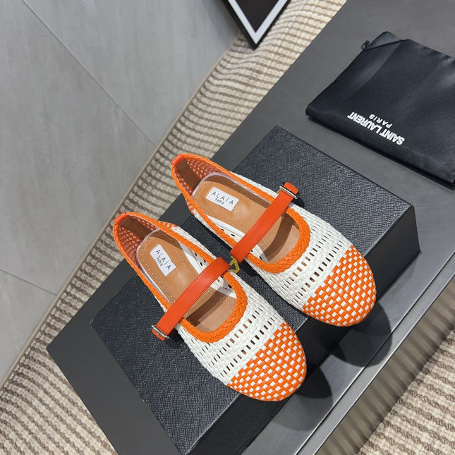 ALAIA MARY JANE FLATS WOVEN PATTERN 25S IN WHITE MIX ORANGE CALFSKIN
