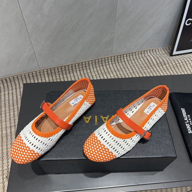 ALAIA MARY JANE FLATS WOVEN PATTERN 25S IN WHITE MIX ORANGE CALFSKIN