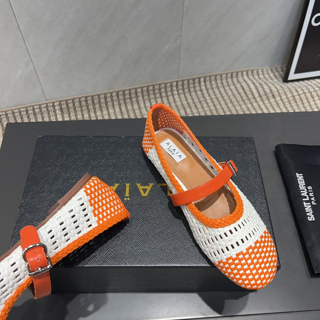 ALAIA MARY JANE FLATS WOVEN PATTERN 25S IN WHITE MIX ORANGE CALFSKIN