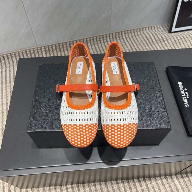 ALAIA MARY JANE FLATS WOVEN PATTERN 25S IN WHITE MIX ORANGE CALFSKIN
