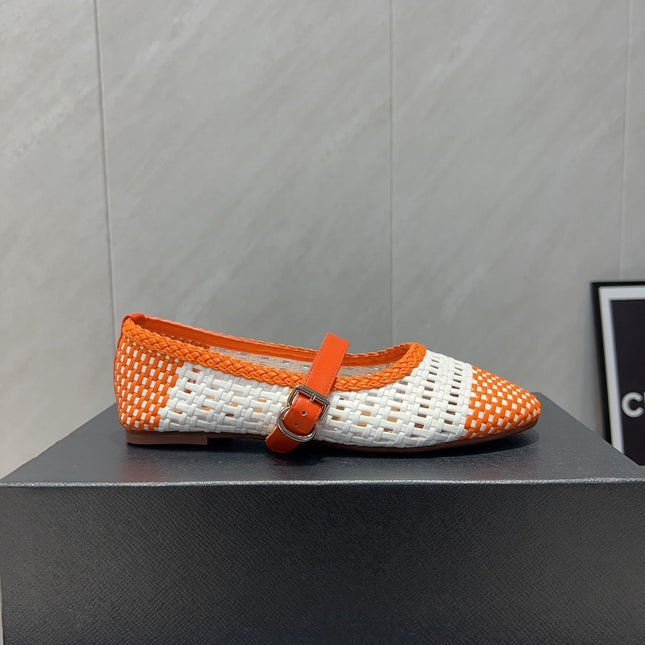 ALAIA MARY JANE FLATS WOVEN PATTERN 25S IN WHITE MIX ORANGE CALFSKIN
