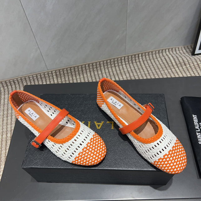 ALAIA MARY JANE FLATS WOVEN PATTERN 25S IN WHITE MIX ORANGE CALFSKIN