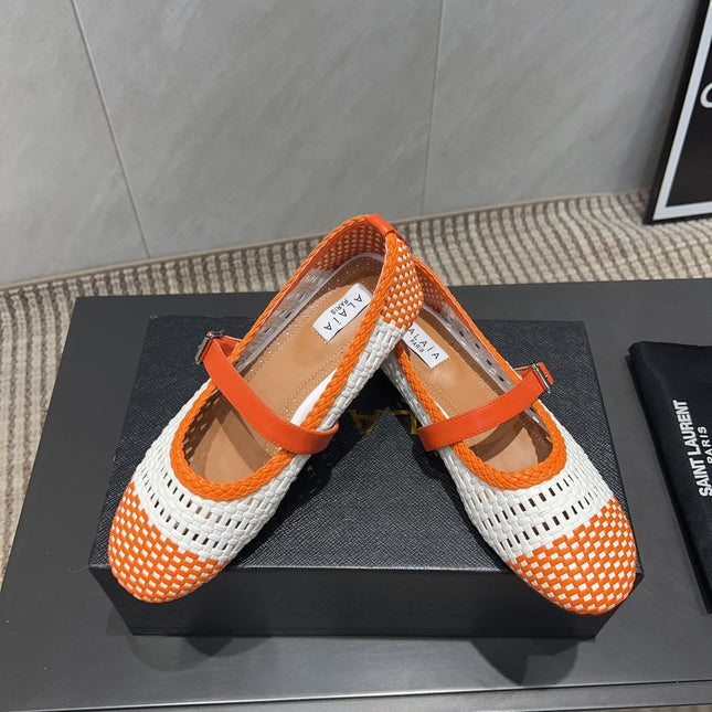 ALAIA MARY JANE FLATS WOVEN PATTERN 25S IN WHITE MIX ORANGE CALFSKIN