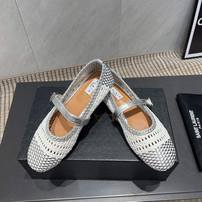 ALAIA MARY JANE FLATS WOVEN PATTERN 25S IN WHITE MIX GREY CALFSKIN