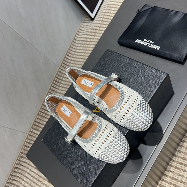 ALAIA MARY JANE FLATS WOVEN PATTERN 25S IN WHITE MIX GREY CALFSKIN