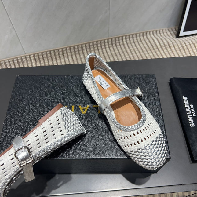 ALAIA MARY JANE FLATS WOVEN PATTERN 25S IN WHITE MIX GREY CALFSKIN